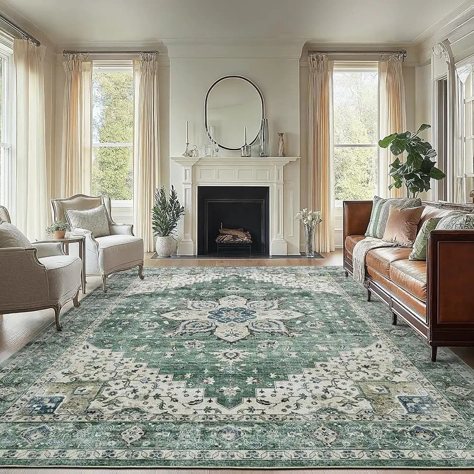 Amada Large 9x12 Washable Area Rug for Living Room, Dark/Green, Vintage