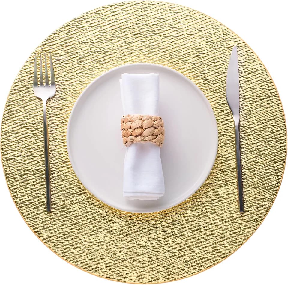 Jovono 15" Faux Leather Big Round Placemats Set of 8 - Washable Heat Resistant Non-Slip Dining Table Mats with Fabric Texture for Kitchen Home Party Wedding Decor, Gold