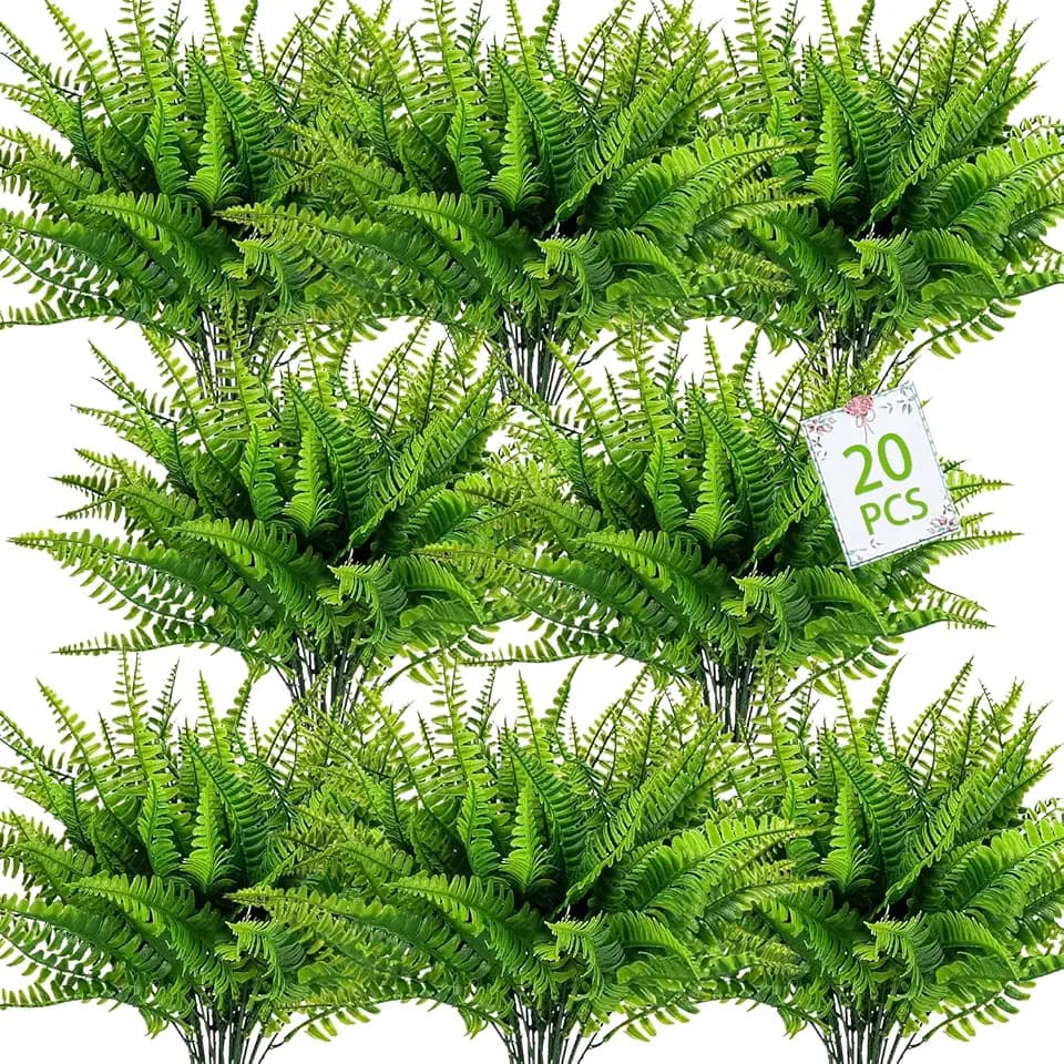 20 Bundles Artificial Plants, Fake Boston Fern Greenery Outdoor UV Resistant No Fade Faux Plastic Plants Garden Porch Window Box Decorations