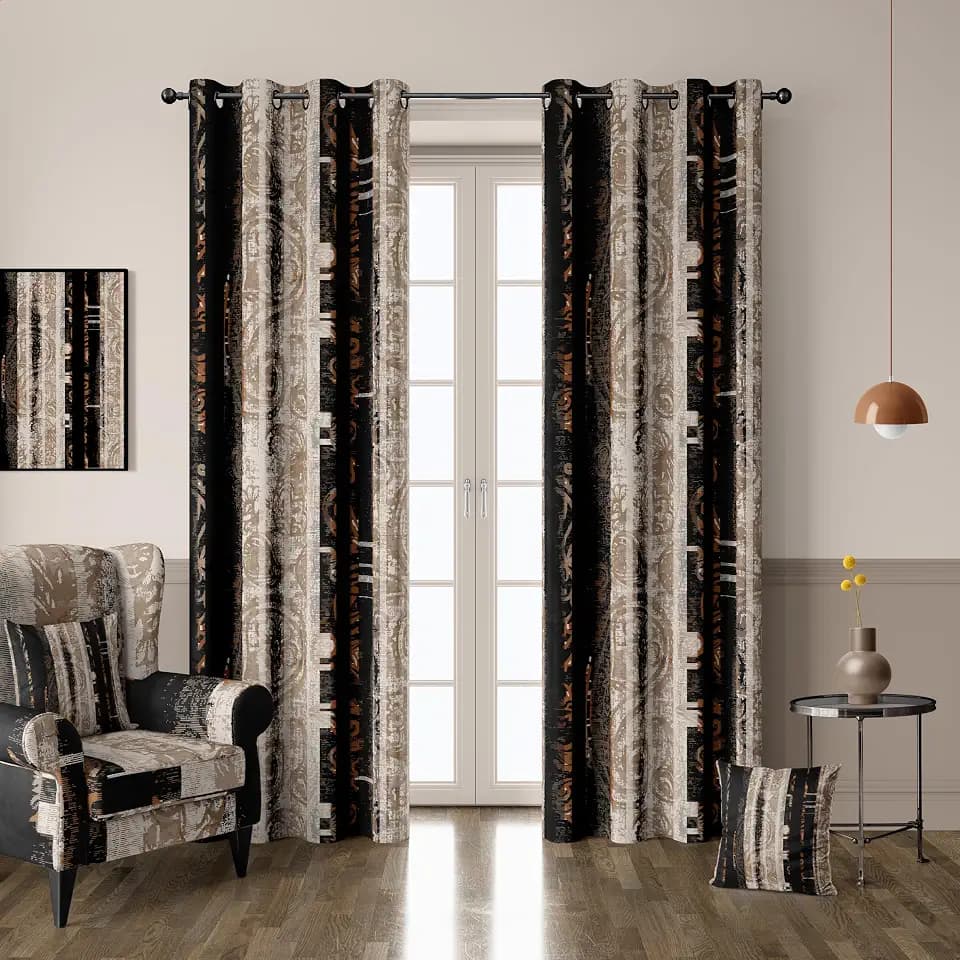 Black Abstract 100% Blackout Curtains 2 Panels 52Wx63L Inch Beige