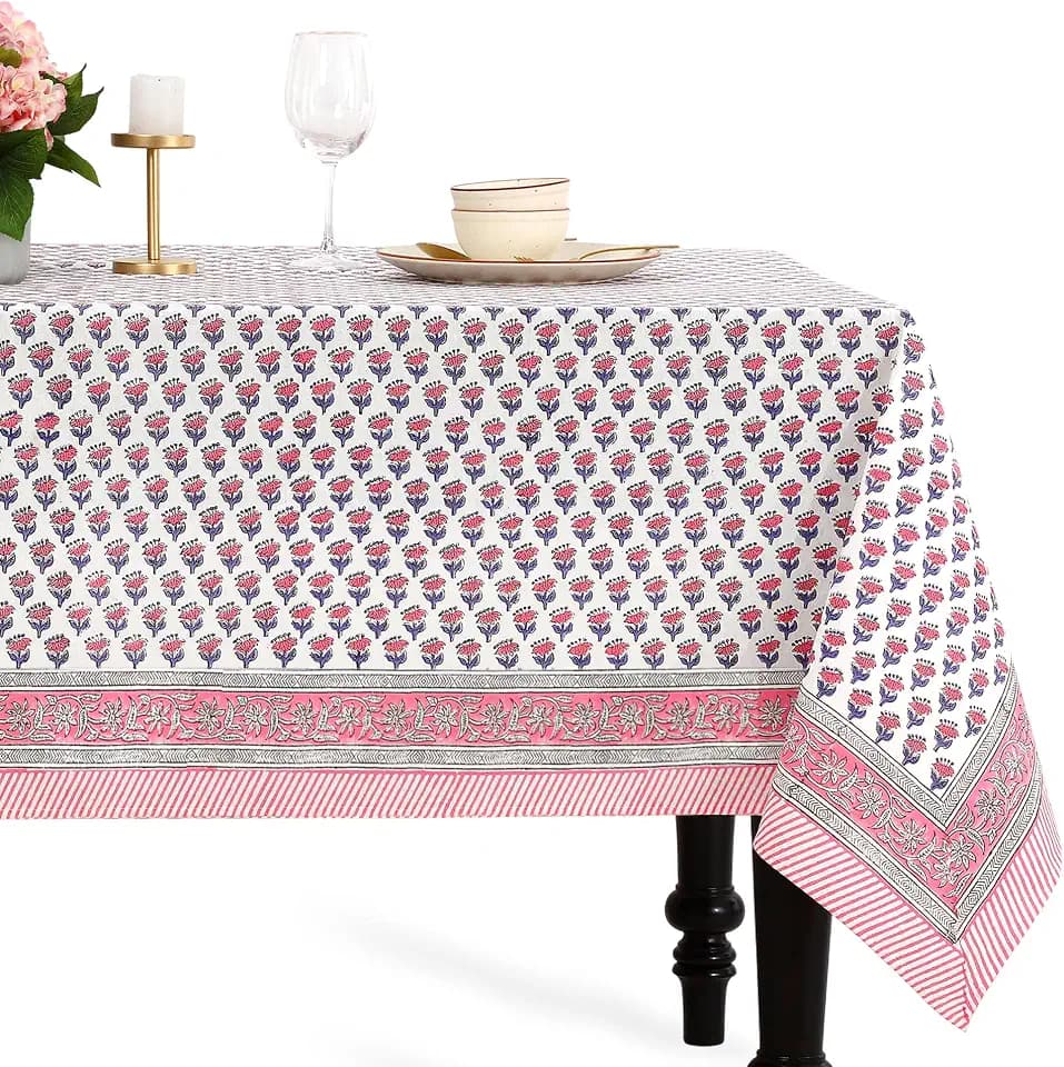 CPC Pink Sapphire Block Print 100% Cotton Square Tablecloth 60x60 Inch