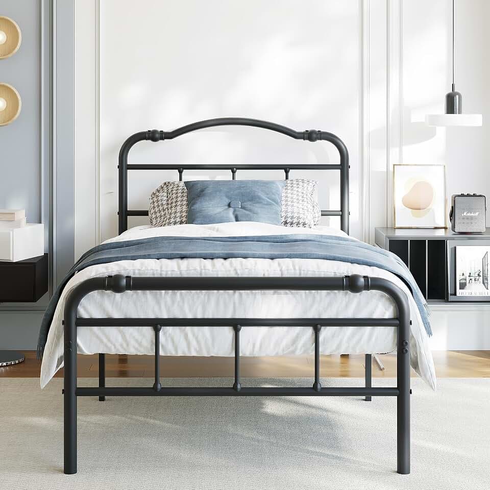 BOSRII Twin Size Metal Bed Frame 18 Inches High with Headboard Heavy Duty