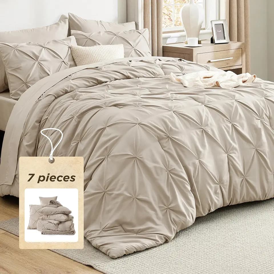 Bedsure 7-Piece Queen Comforter Set & Sheet Set, Beige Bed in a Bag