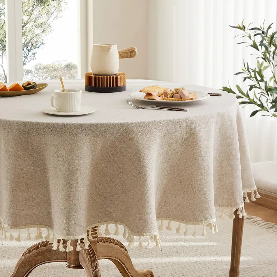 Tassel Linen Round Table Cloth, Natural 52 Inch
