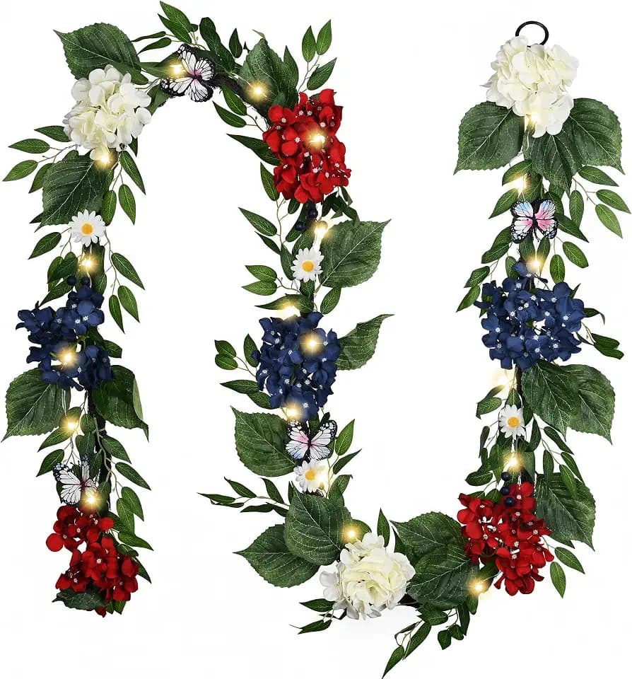 Valery Madelyn 9FT 4th of July Garland with Lights for Mantle, Red White Blue Patriotic Hydrangeas Garland Memorial Day Decorations with Eucalyptus Leaves Butterfly for USA 250th Anniversary Summer