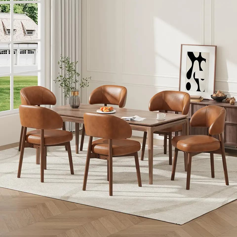 MALOL Wooden Dining Chairs Set of 6, Modern Upholstered Dining Room Kitchen Side Chairs with Curved Open Back for Living Room/Restaurant/Cafe, Brown
