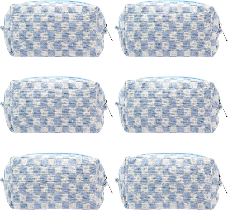 Checkered Makeup Bag for Purse, Small Travel Cosmetic Pouch,Blue,6 Pack