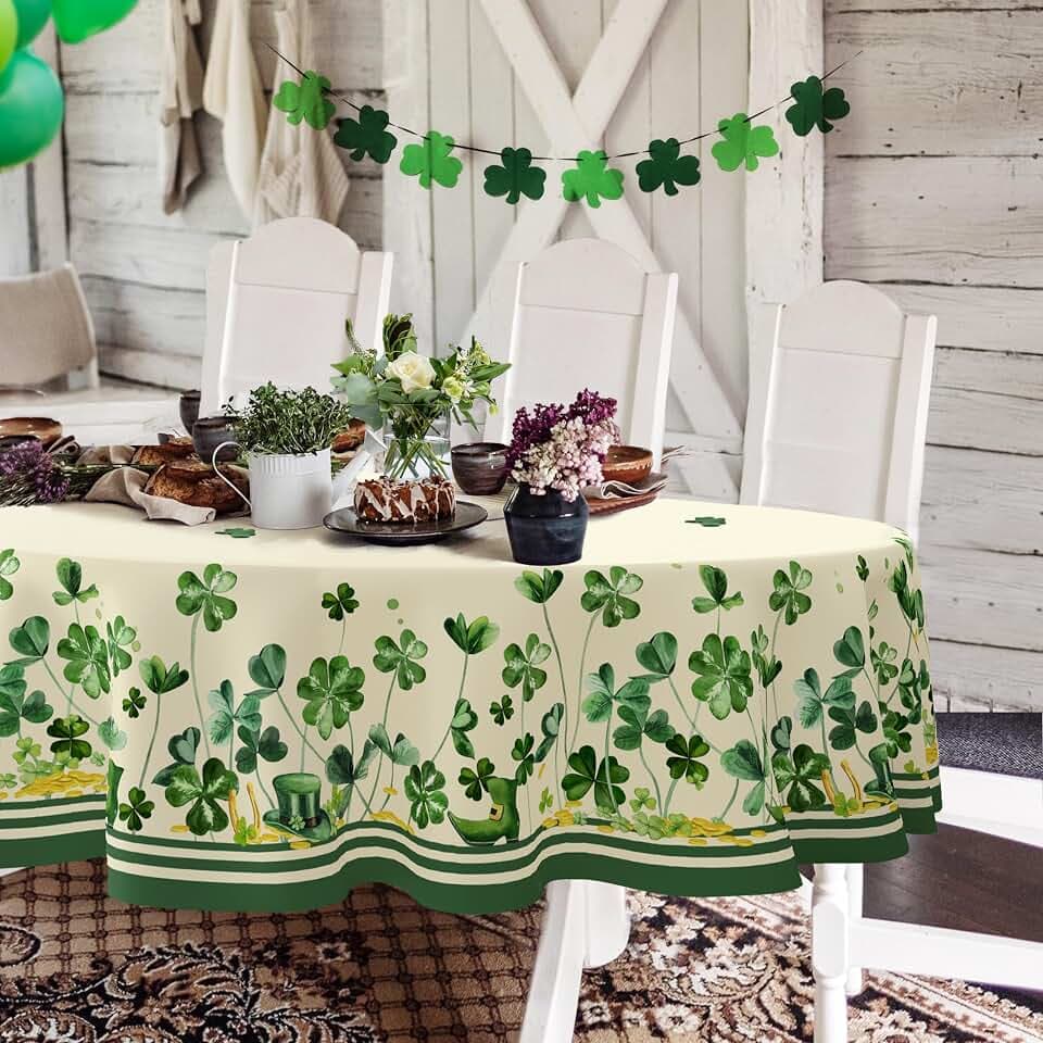 Yighty St Patricks Day Tablecloth, Green Oval Tablecloth 60x84 Inch, Polyester Waterproof Tablecloth, Shamrock Gold Coins St. Patrick's Day Holiday Kitchen Table Decoration for Dinner, Party