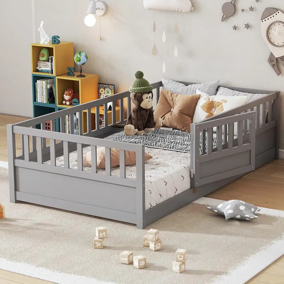 Bellemave Twin Kids Montessori Floor Bed Frame with Door,Gray