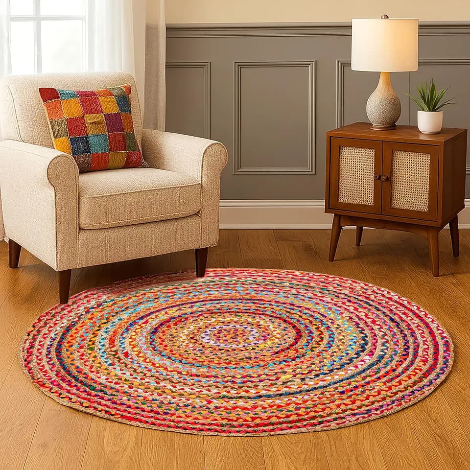 Hausattire Jute Cotton Braided Woven Rug 4 Feet Round - Multi Color