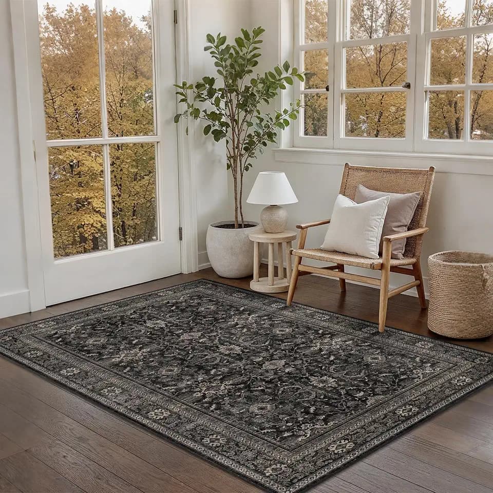 Schweek 4x6 Vintage Floral Washable Area Rug Non-Slip Entryway Rugs Black