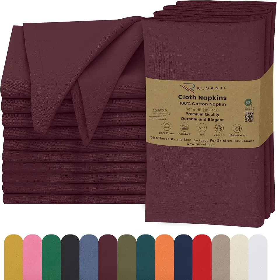 Ruvanti Cloth Napkins Set of 12, 100% Cotton 18”x18” - Burgundy
