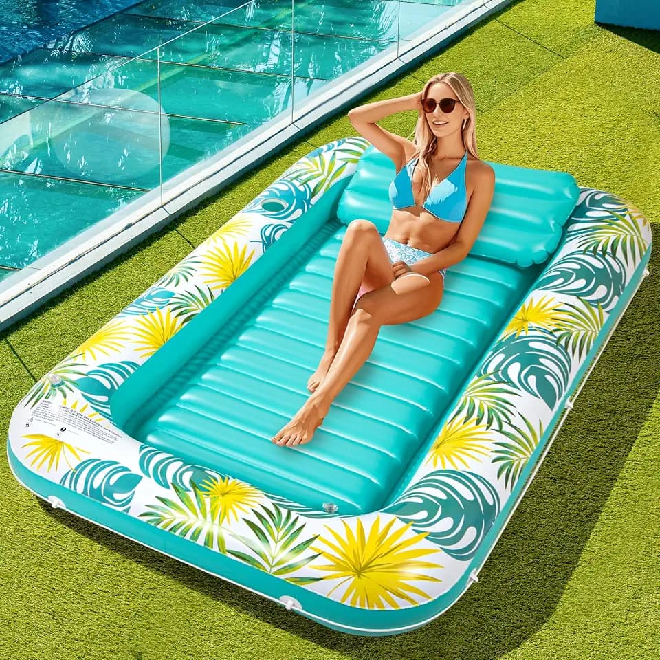 Tanning Pool Floats for Adults with Cup Holder & Pillow, Thick UV-Resistant PVC Portable Float for Backyard, Pool, Lake - Compact Design, Easy Inflation, Durable for Tanning & Relaxation