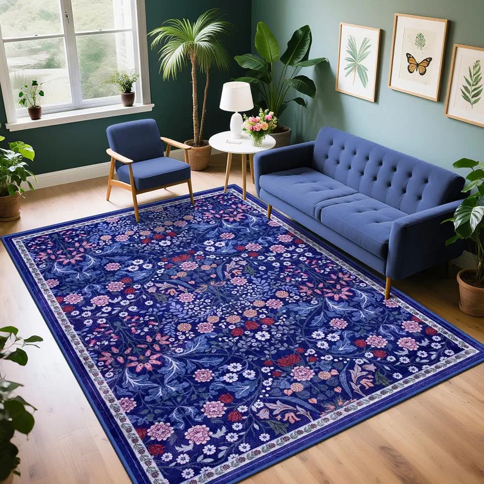 PLHXFR 6x9 Area Rug Living Room: Floral Washable Boho Soft Carpet Blue