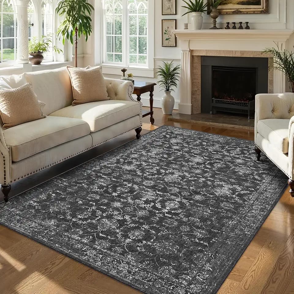 5x7 Washable Bedroom Area Rug Non-Slip Vintage Black Throw Carpet