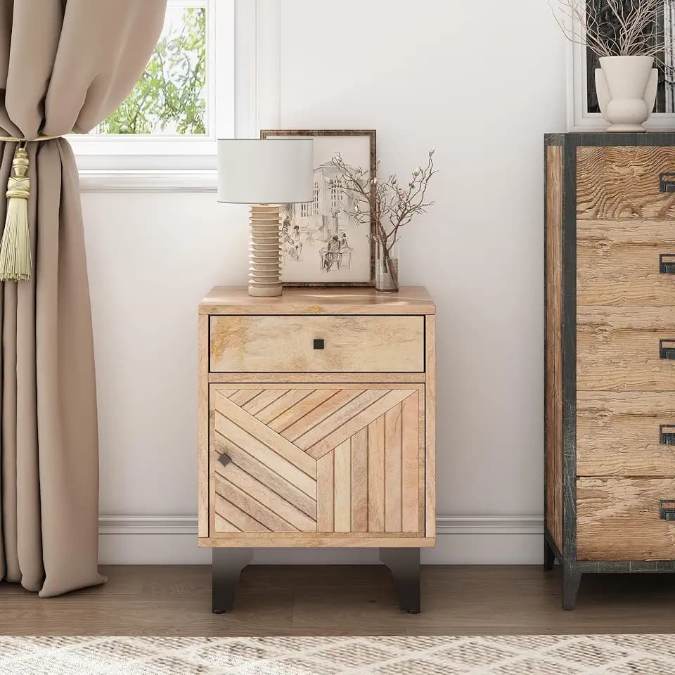 Christopher Knight Home Shinon Mango Wood Nightstand with 1 Drawer, End Table/Sofa/Bed Side Table/Storage Cabinet, Bedroom Decoration/Organizer, Storage Space with Carved Lines on Door, Natural Finish