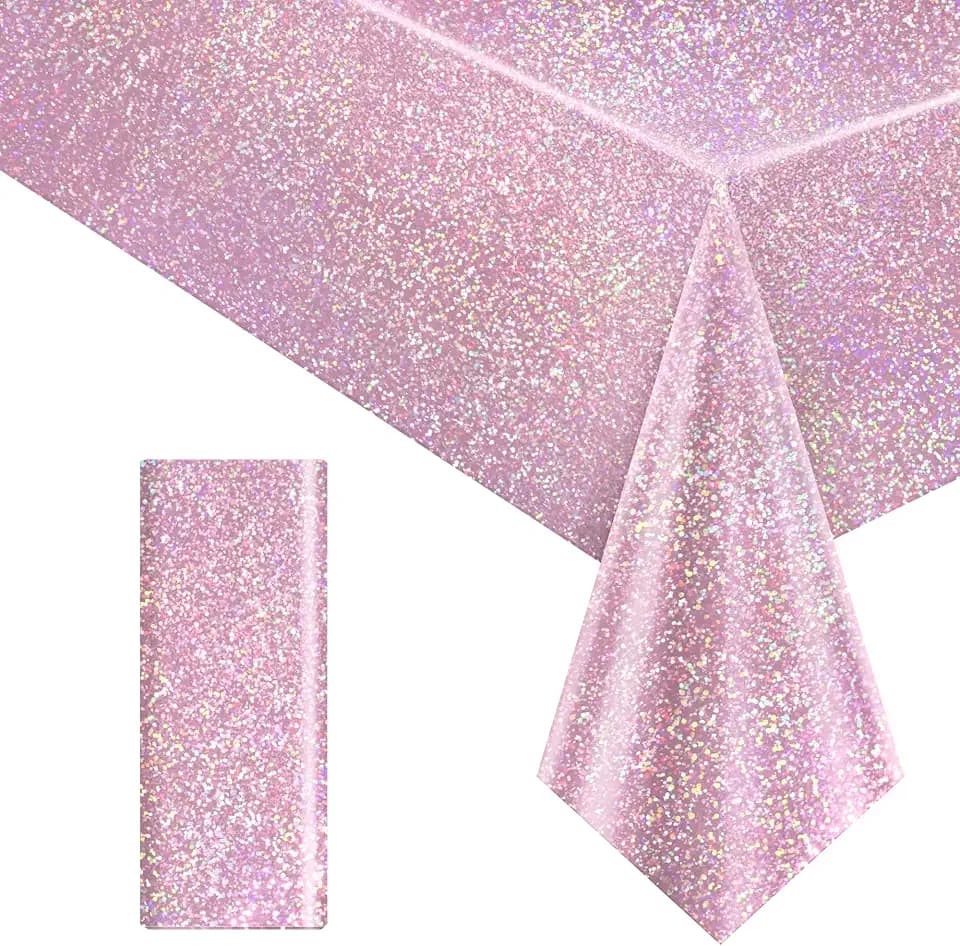 Just Shimmer Light Pink Holographic Tablecloth 40 x 108, 1 Pack Iridescent Shiny Plastic Table Cover for Girls Birthday, Baby Shower, Bridal Shower, Princess and Bachelorette Party Decorations