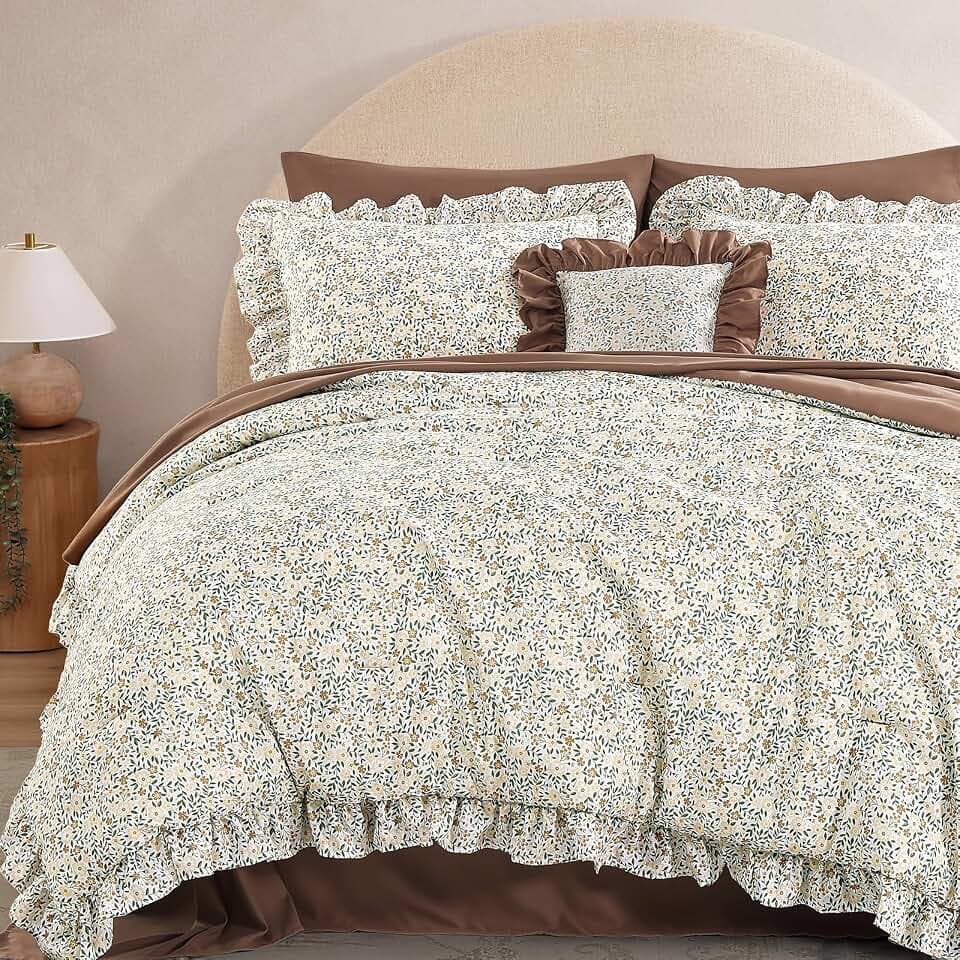 BLOOMHAVEN King Size Comforter Set-7 Pieces Floral Ruffle Bedding Set