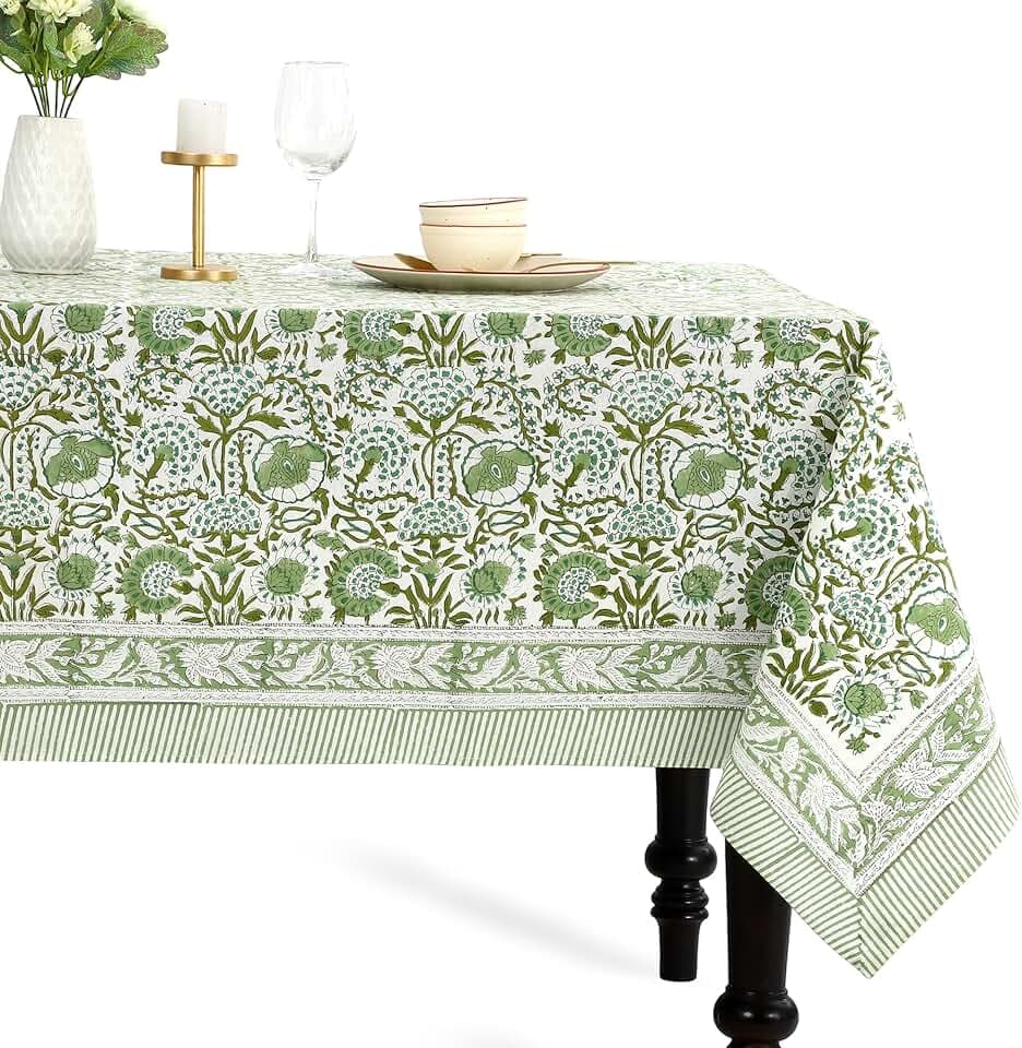 CPC Agate Green Block Print 100% Cotton Rectangle Tablecloth 60x90 Inch