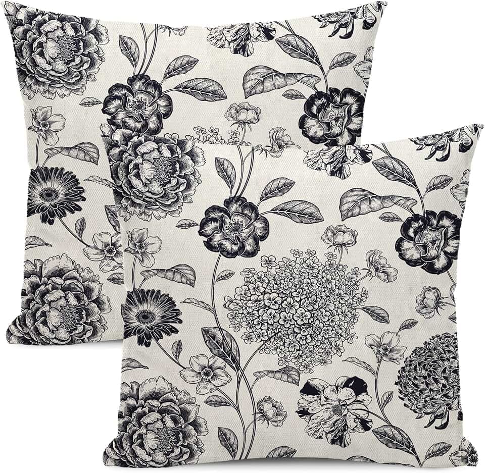 Floral Pillow Covers 18x18 Inch Set of 2 Vintage Black Flower Throw Pillow Covers Outdoor Decor Rustic Boho Floral Decoration Pillowcase Farmhouse Decorative Square Cushion Cover For Home Sofa