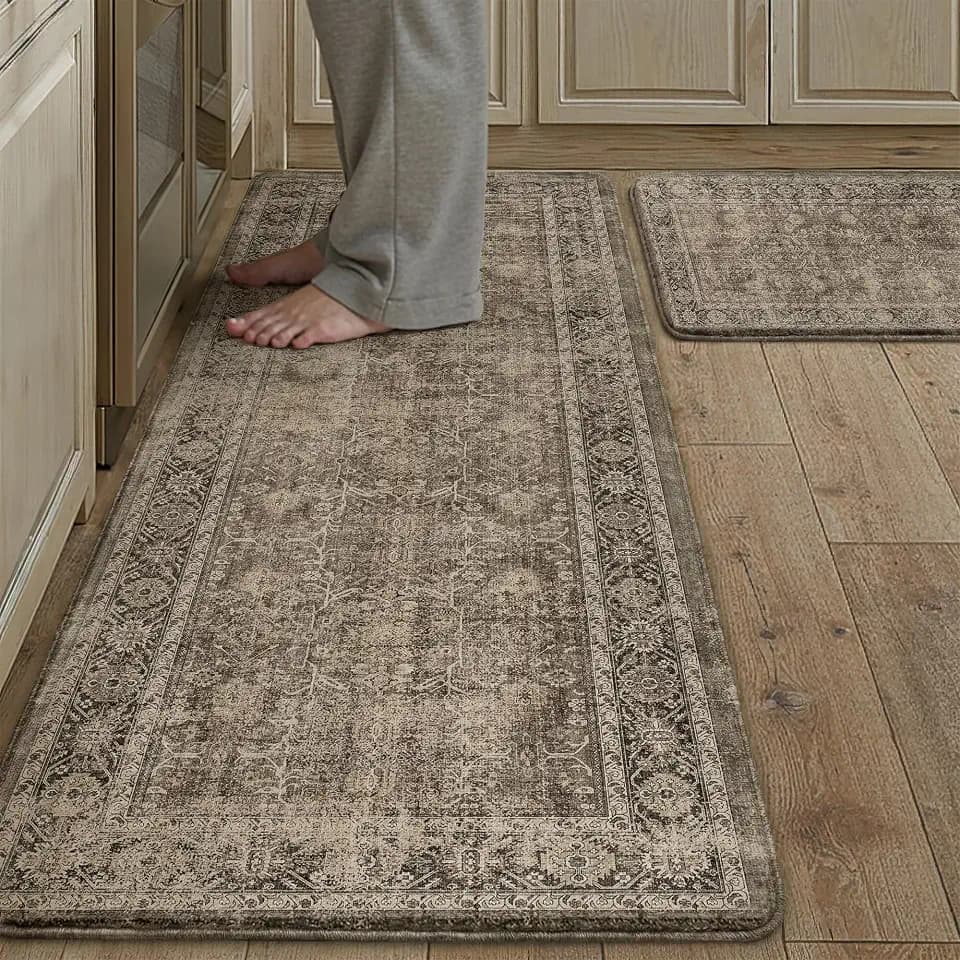PureCozy Kitchen Mats 2PCS Anti Fatigue Cushioned Mat Brown Vintage Kitchen Mats for Floor Waterproof Non Slip Comfort Standing Distressed Rug for Sink Laundry Office 17.3"x47"+17.3"x30"