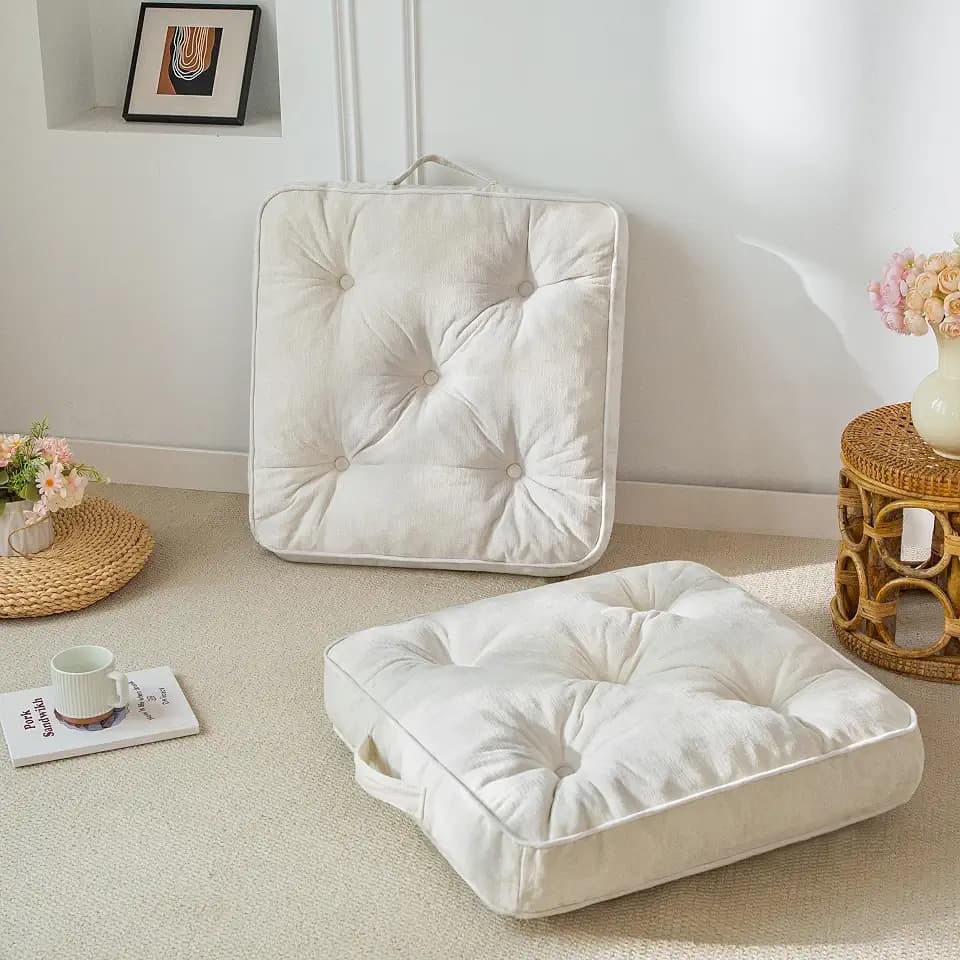HIGOGOGO Large Floor Pillow Cushion for Adults, Meditation Cushion Pillow with Handle, Lustrous Chenille Tufted, Square Floor Sitting for Tatami Living Room or Yoga, 22x22 Inch, 2Pack, Beige
