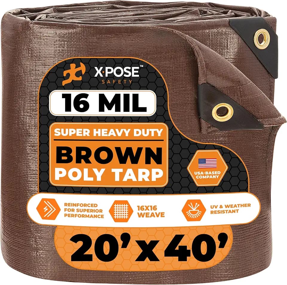 20' x 40' Super Heavy Duty 16 Mil Brown Poly Tarp Cover - Thick Waterproof, UV Resistant, Rip and Tear Proof Tarpaulin with Grommets and Reinforced Edges - by Xpose Safety