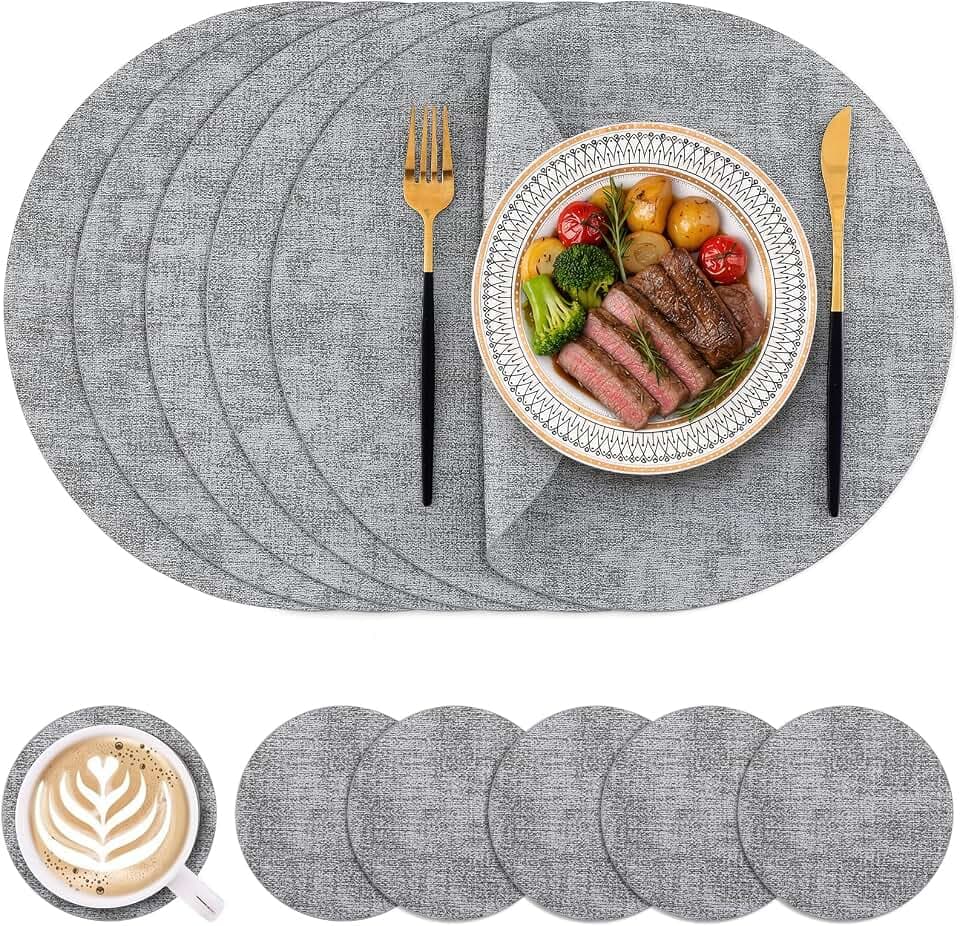 Homaxy Round Faux Leather Placemats and Coasters, Set of 6, Light Grey