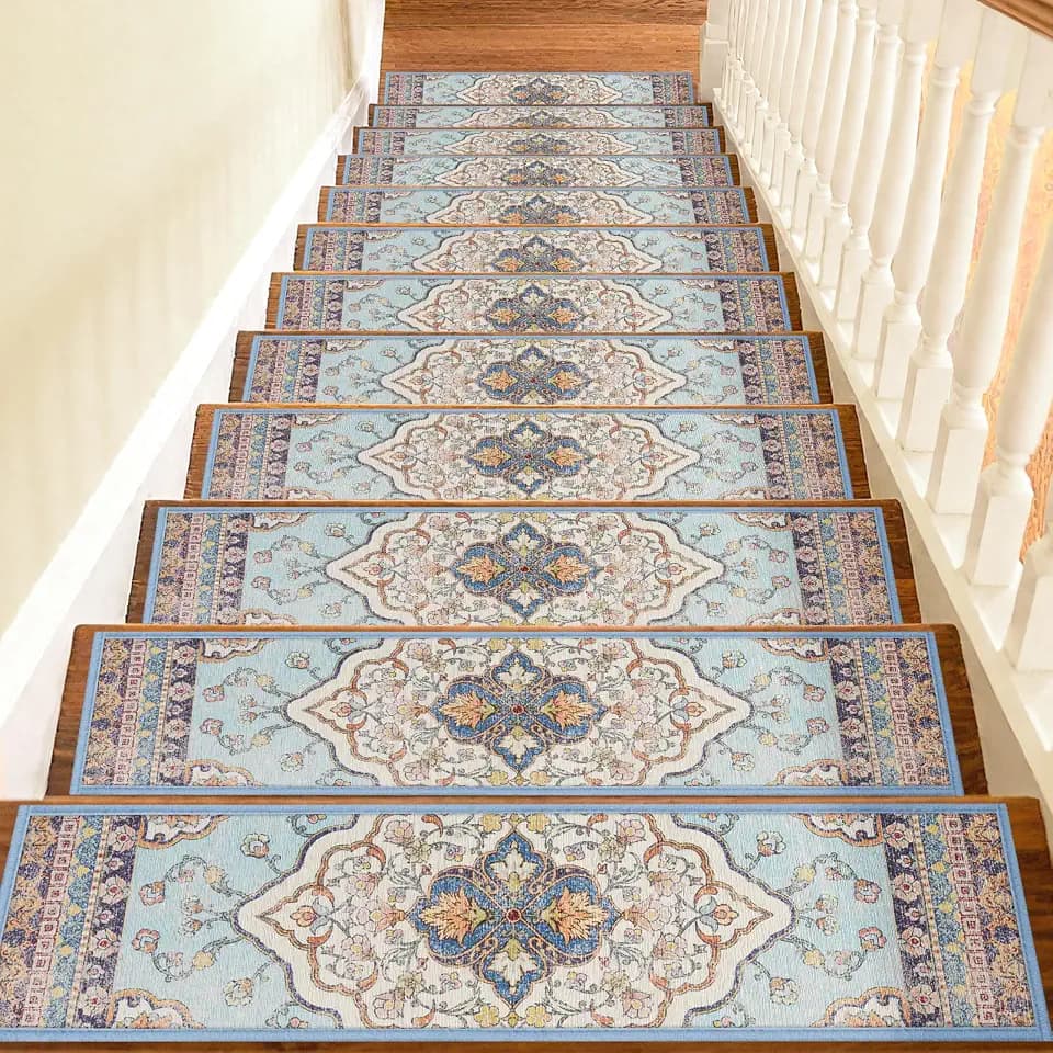 Non Slip Stair Treads for Wooden Steps Indoor, Light Blue, 15pcs, 30"X8", Soft Carpet Mat, Machine Washable Boho Carpet Treads with Reusable Adhesive Backing, Safety Stair Tread for Dog, Kid, Elder