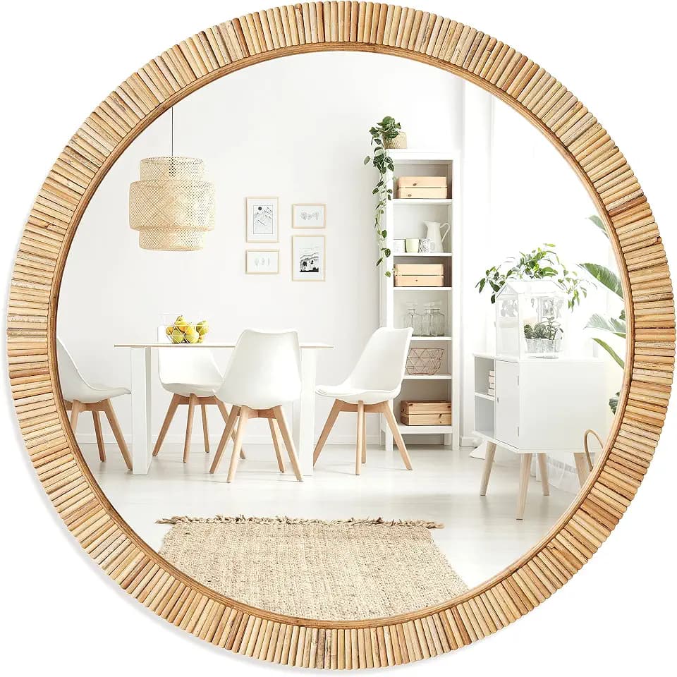 Barnyard Designs 26" Rattan Round Bathroom Mirror - Boho Mirror for Nursery Wall Decor - Handmade Wicker Rattan Mirrors for Wall with Rustic Design - Add Farmhouse Elegance to Your Home Decor