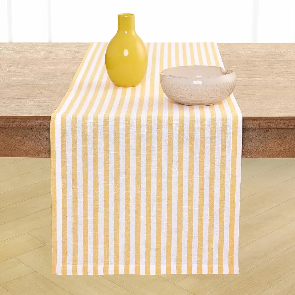 Solino Home 100% Linen Table Runner, 14 x 144 in, Mustard and White Striped