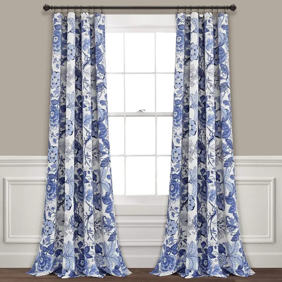 Lush Decor Sydney Light Filtering Window Curtain Panels, Pair, 52" W x 84" L, Navy & White Drapes - Floral Curtains for Bedroom - Vintage Curtains - Coquette Decor