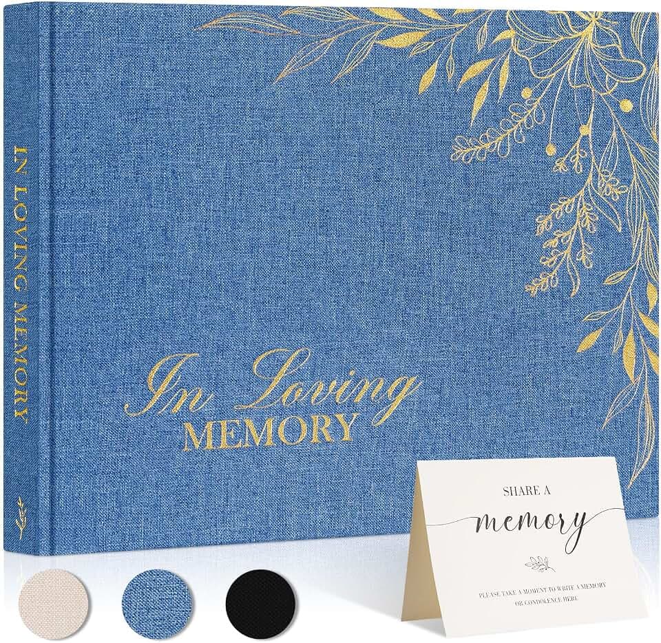 Lanpn Funeral Guest Book for Memorial Service, Linen in Loving Memory Registry Guest Book, Funeral Favors Sign in Books for Guests Celebration of Life Memory Book for Funeral with Table Sign, Blue