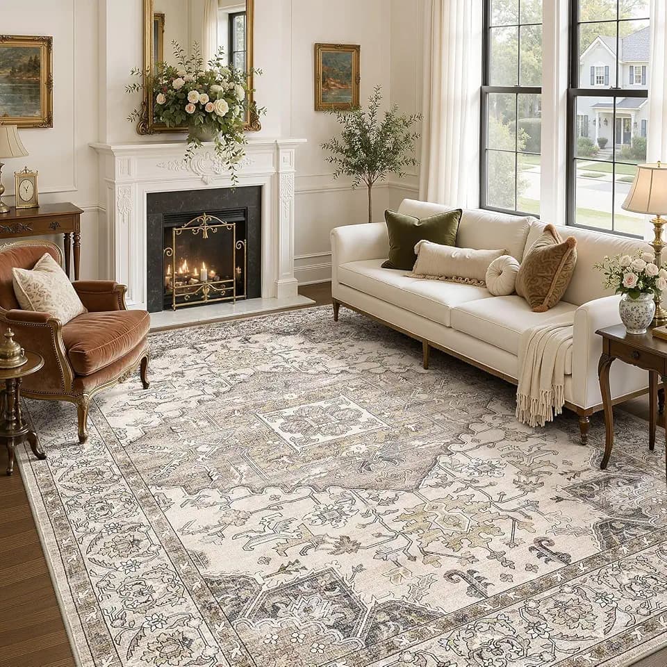 8x10 Area Rugs for Living Room: Washable Soft Brown Neutral Rug