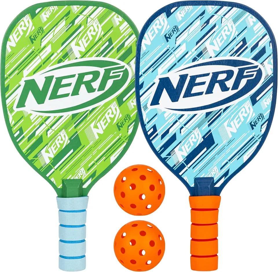 NERF 2 Player Pickleball Paddle Set - Youth Pickleball Equipment Set - (2) Wooden Paddles with Foam Grips + (2) Outdoor Balls for Kids - Carry Bag Included