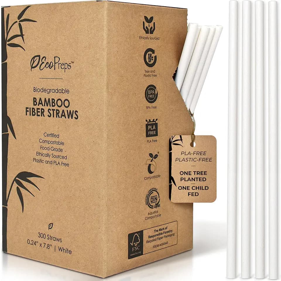 EcoPreps Biodegradable Bamboo Fiber Disposable Straws, 300 Count, 7.8 Inch
