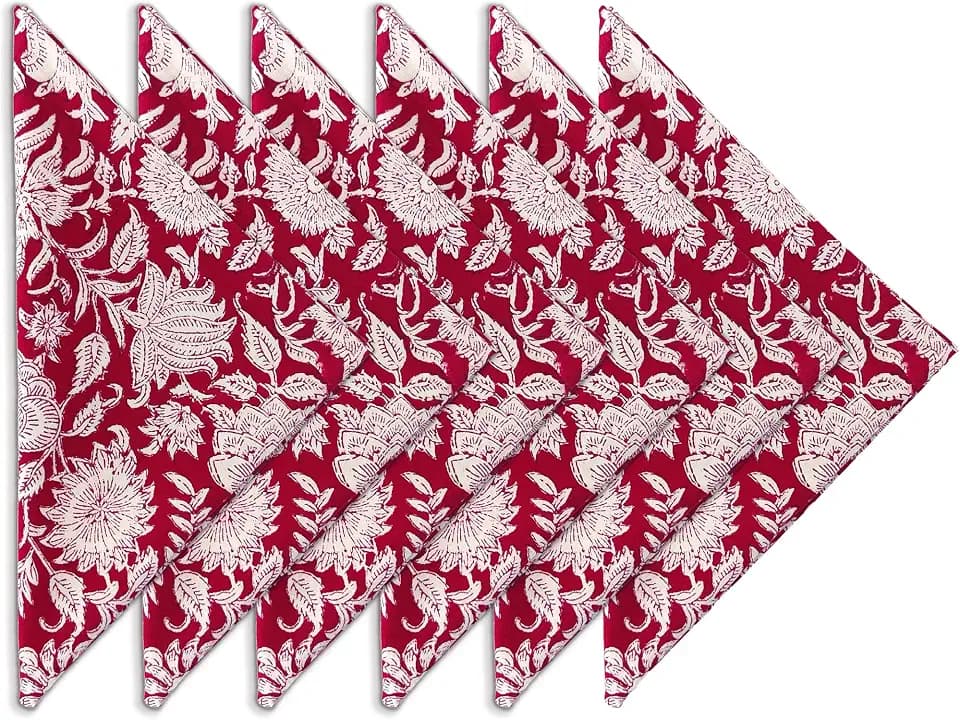 Cotton Print Napkins 18x18 inches - Washable Cloth Dinner Napkins Set of 6 - Everyday Use or Dinner Party and Events - Red White Indian Block Printed Soft Fabric by Craftbot