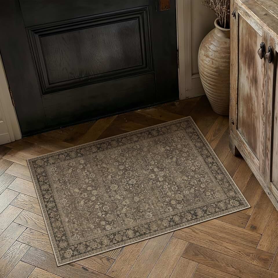 HUGEAR 2x3 Brown Linen Look Washable Area Rug for Entryway