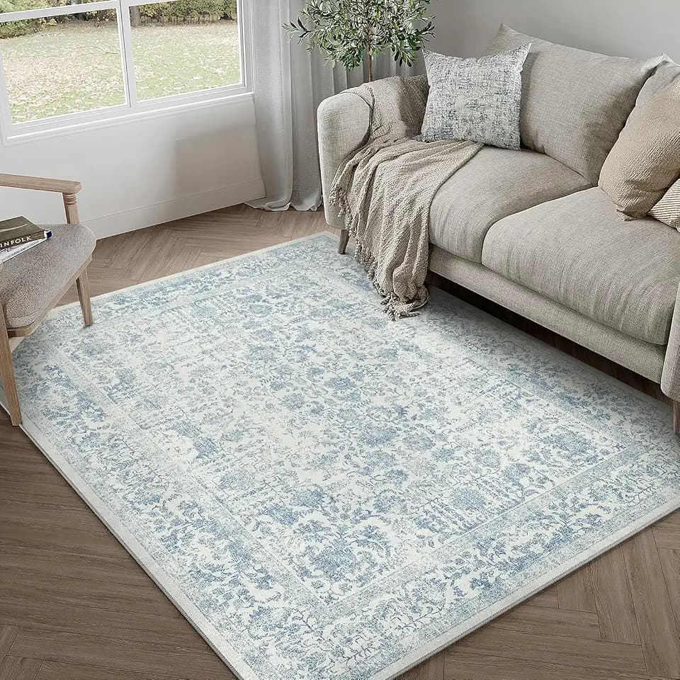PureCozy Blue Small Area Rug 4x5 Vintage Floral