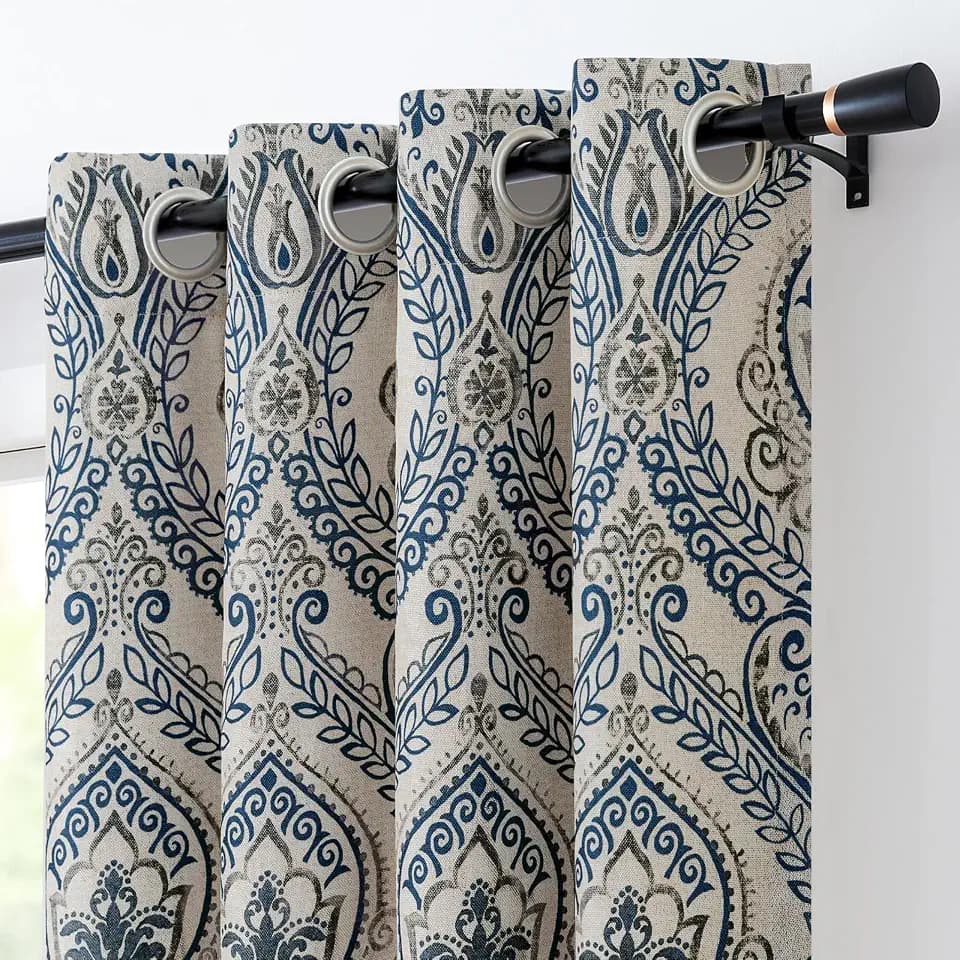 Vangao Navy Paisley Linen Textured Curtains 84 in Vintage Grommet 2 Panels