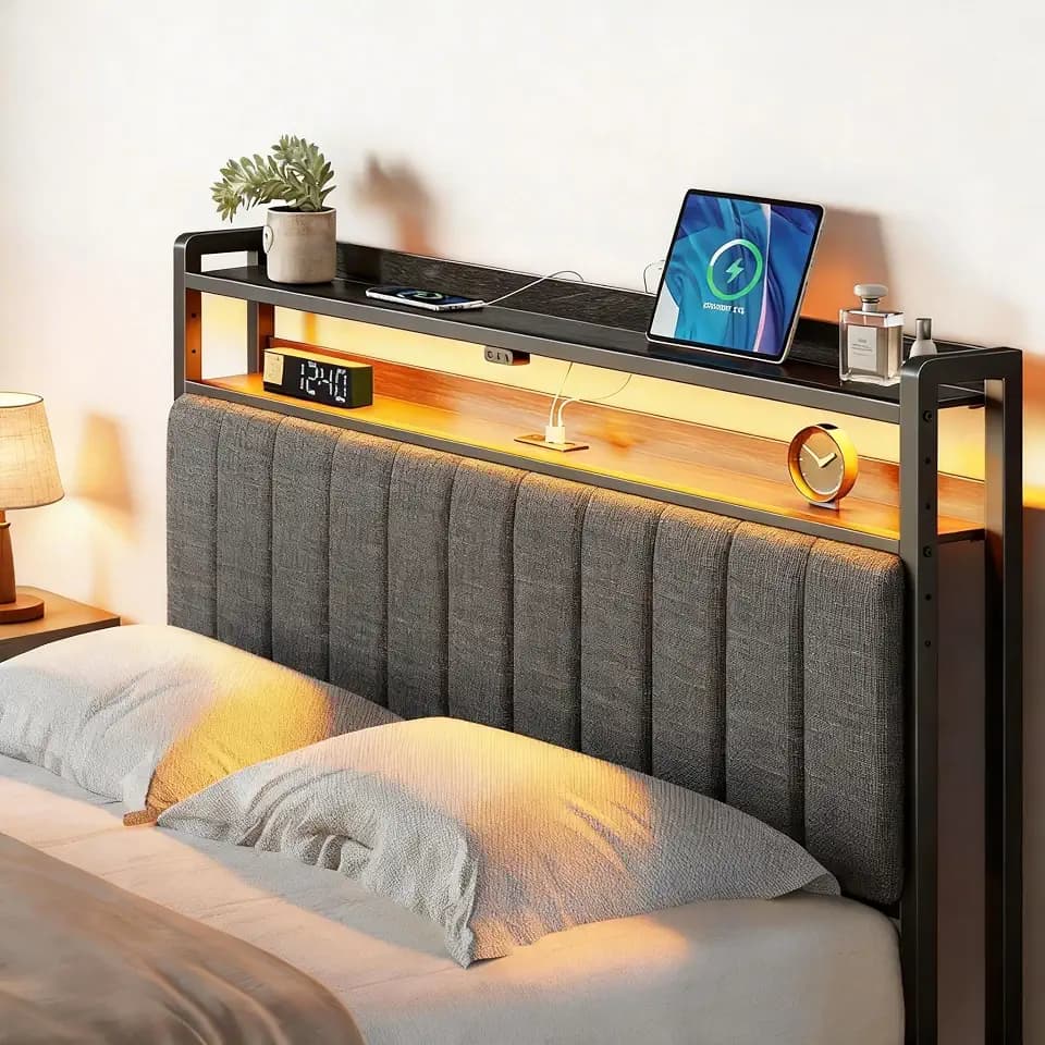 Rolanstar Headboard for Full Size Bed with Storage, Head Board with USB & Type C Port, 60,000 DIY Color of LED Light, Upholstered, Height Adjustable, Sturdy, Easy Assembly, Linen