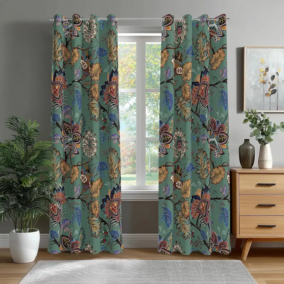 Blackout Curtains for Bedroom Green Boho Floral Black Out Curtains for Living Room Vintage Paisley Floral Room Darkening Window Drapes, 52" W x 84" L (Pack of 2),Green Floral