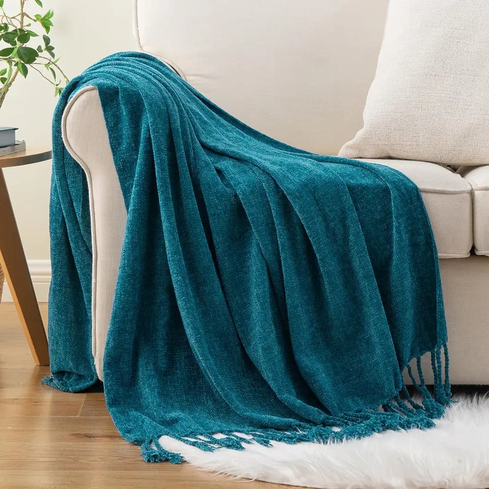 BATTILO HOME Teal Blue Chenille Throw Blanket for Couch, Soft Cozy Textured Knit Throw Blanket with Handmade Fringe Tassels, Lightweight Decorative Farmhouse Blanket for Sofa Bed Chair, 50"x60"