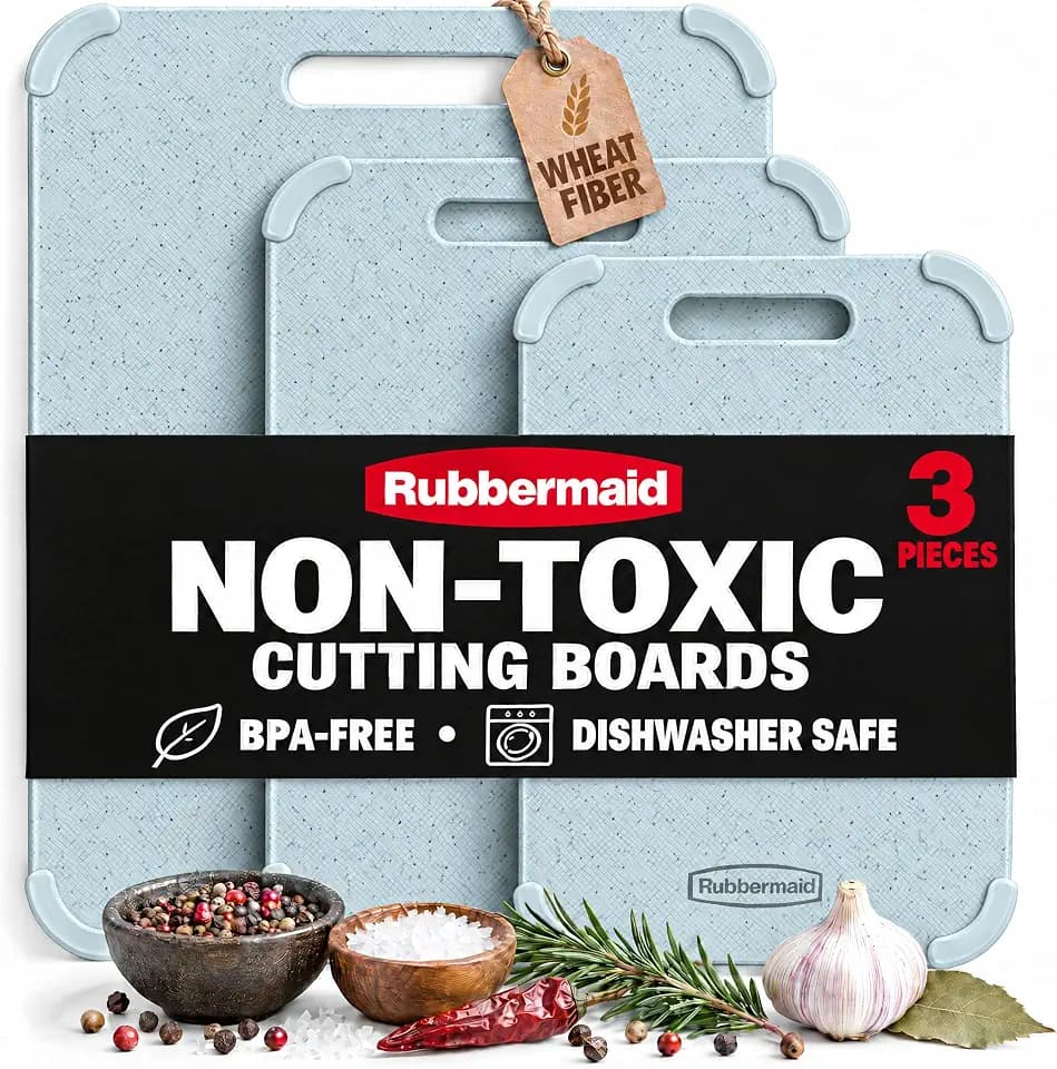 Rubbermaid 3pc Reversible Wheat Fiber Cutting Board Set | BPA Free Non Toxic Cutting Boards for Kitchen – Dishwasher Safe, Non-Slip Corners & Lightweight | For Meat, Veggies & Fruits - Alice Blue