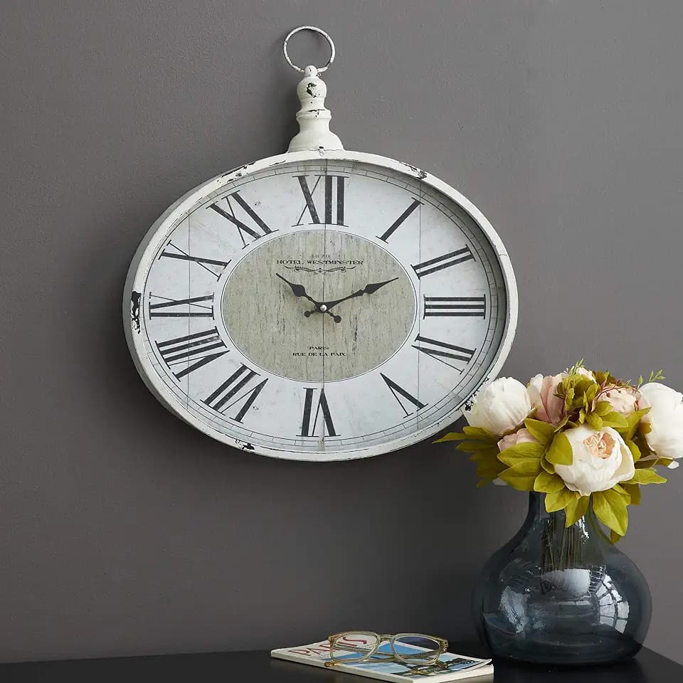 Large White Roman Numeral Wall Clock with Finial, 18" x 16"