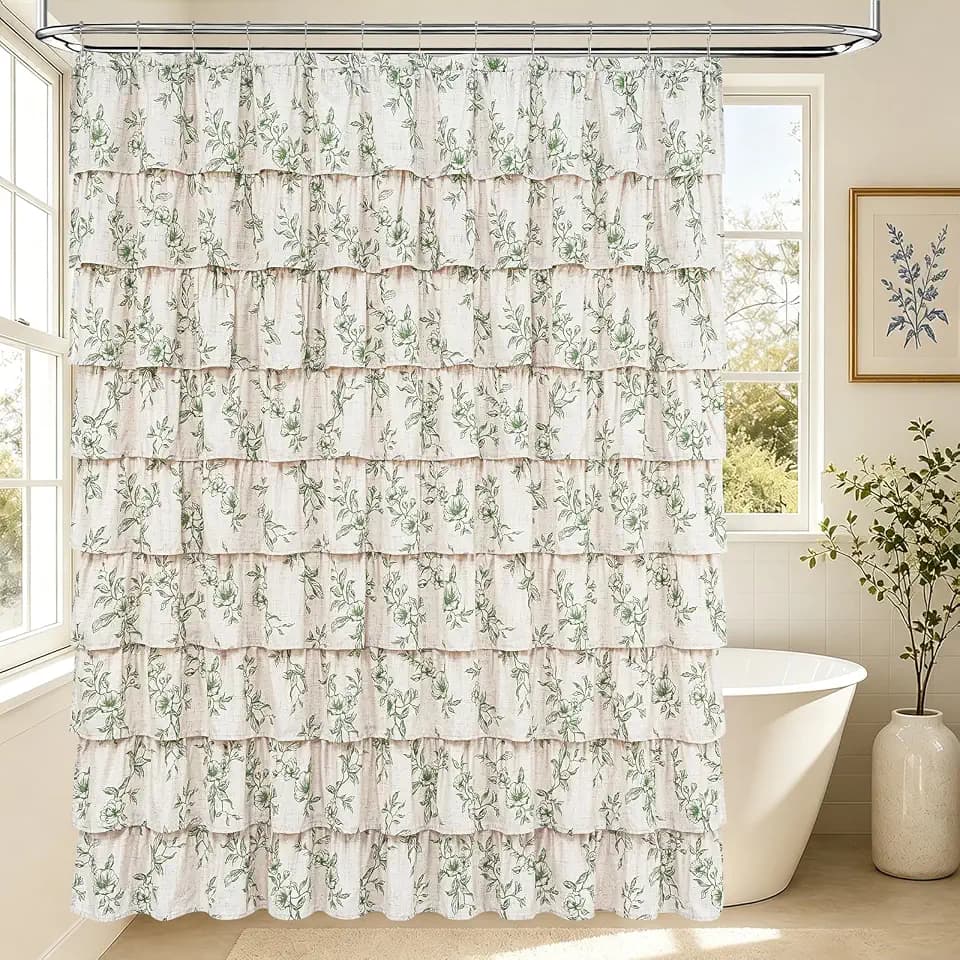 Yinhua Long Farmhouse Ruffle Shower Curtains with Green Floral, 72" Wx78 L