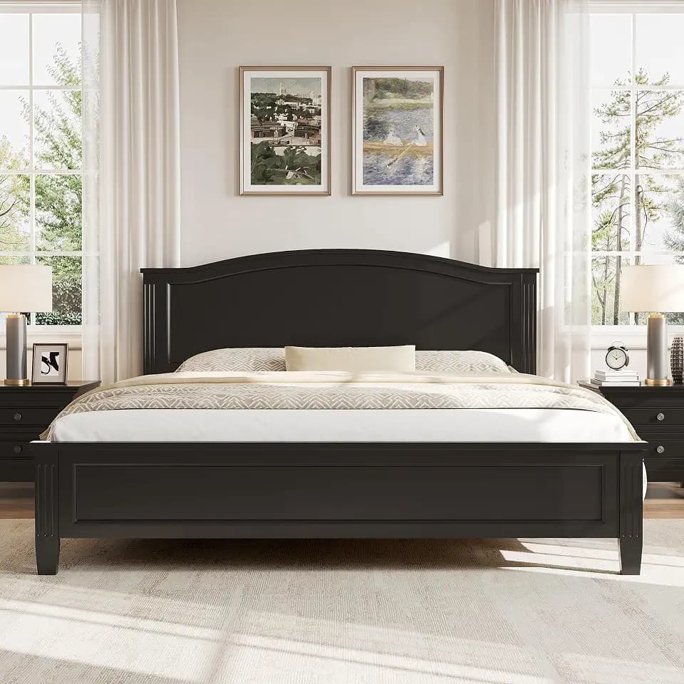 Merax Full Size Classic Platform Bed with Headboard, Wood Bed Frame with Sturdy Slat and Support Legs, Underbed Storage Space, No Box Spring Needed, Black