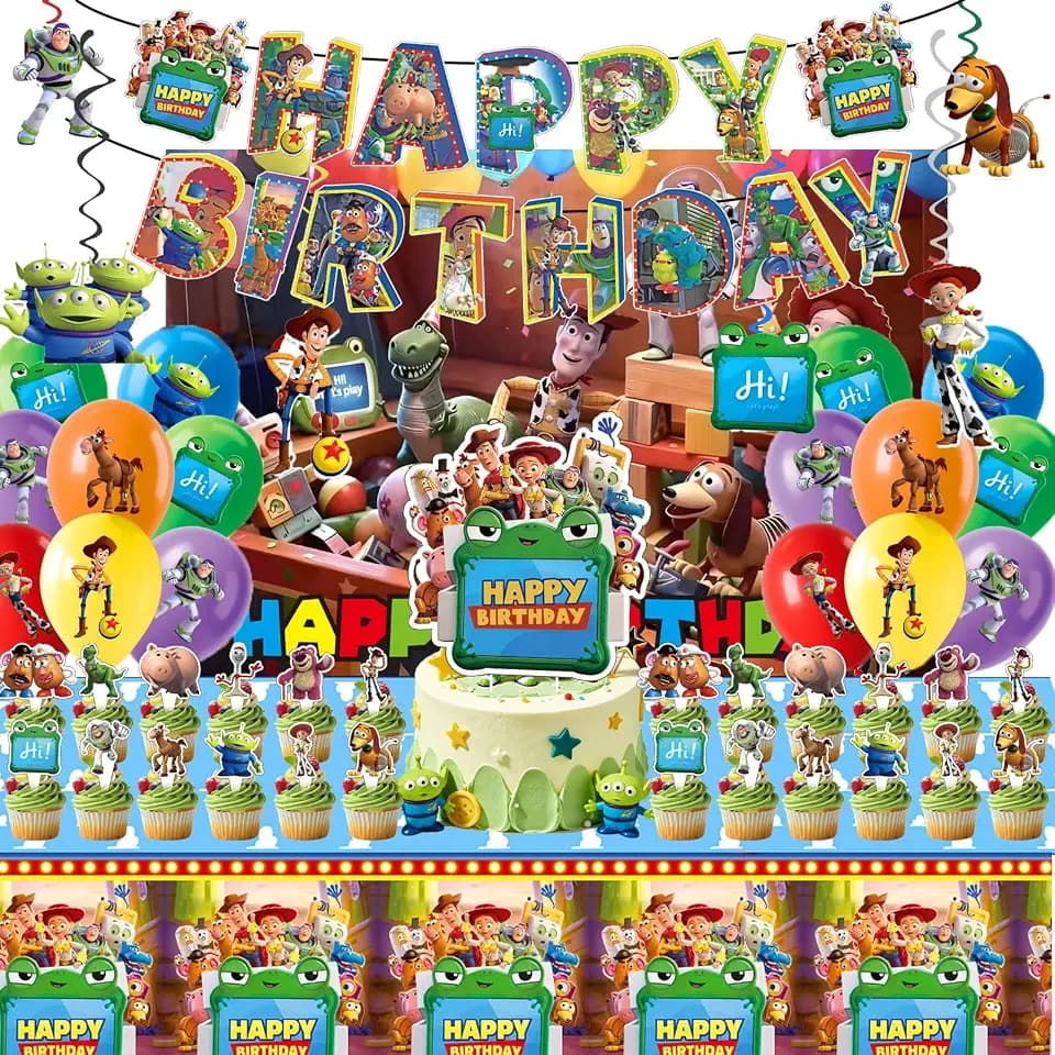 For Toy Story Party Supplies, 46 PCS Birthday Decorations Set Include Banner, Balloons,, Hanging Swirls, Cake Cupcake Toppers, Tablecloth for Boys Girls Cartoon Theme Party