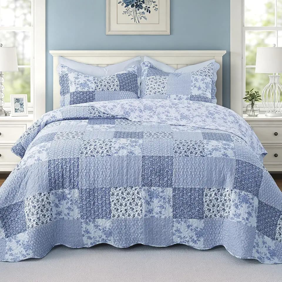 GOONE King Quilt Set 104" x 90", Reversible Blue Floral Cotton Blend Quilt