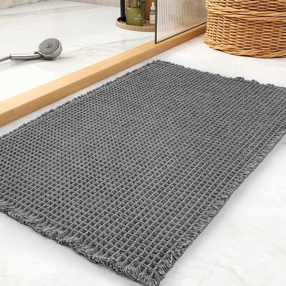 tchdio Waffle Bath Mat, Super Absorbent Non Slip Bath Mat Ultra Soft Bathmat Machine Washable Bath Rugs with Tassels, Beside Tub, 18" x 30"